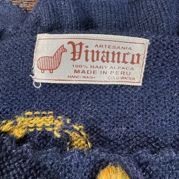 Vintage Peruvian 100% Alpaca Sz L/XL Blue Floral Buttons Scalloped Edge Cardigan
